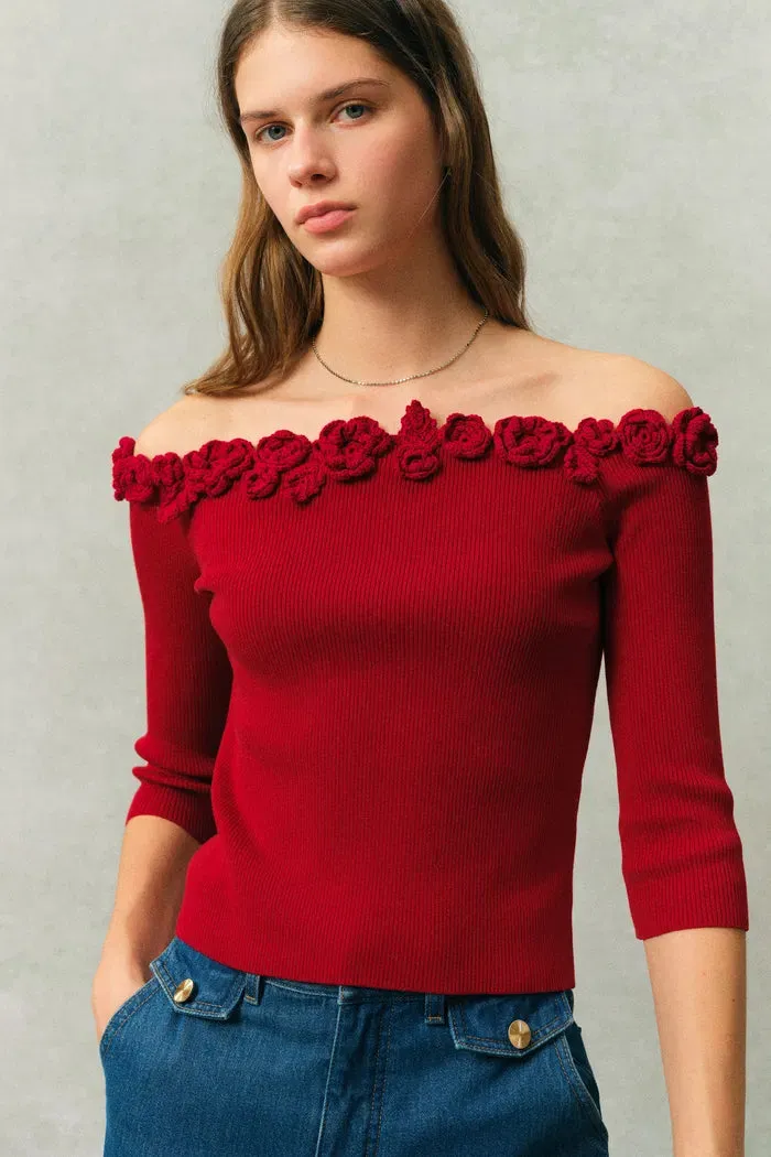 Giulietta 3D Floral One Shoulder Short Sleeve Knit Top in Triacetate sold by Fabrique product image thumbnail 2