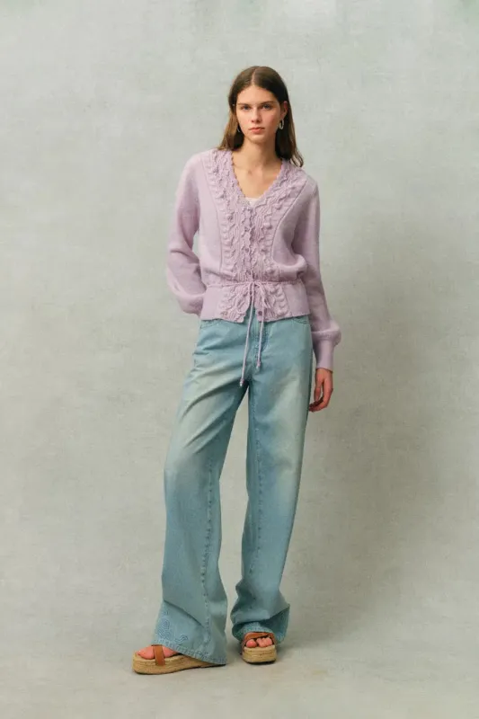 Taro V Neck 3D Crochet Waist Cinching Cardigan in Merino Wool Alpaca Blend Knit sold by Fabrique