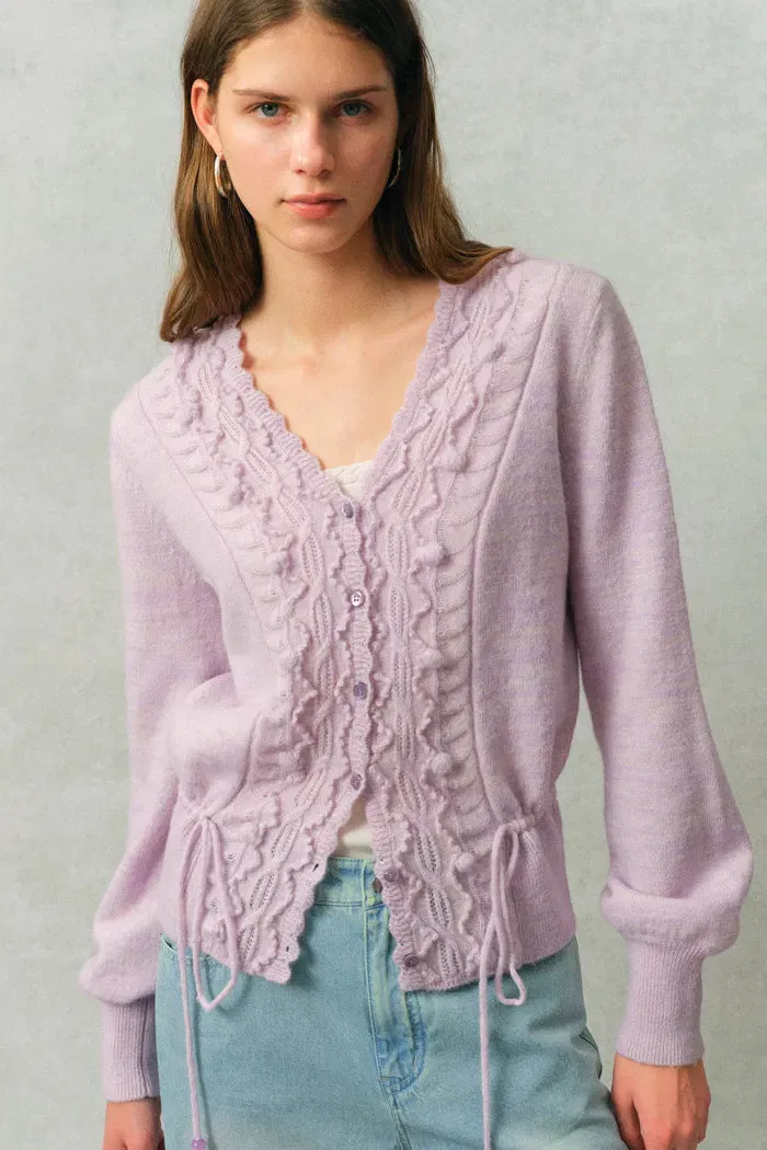 Taro V Neck 3D Crochet Waist Cinching Cardigan in Merino Wool Alpaca Blend Knit sold by Fabrique product image thumbnail 2