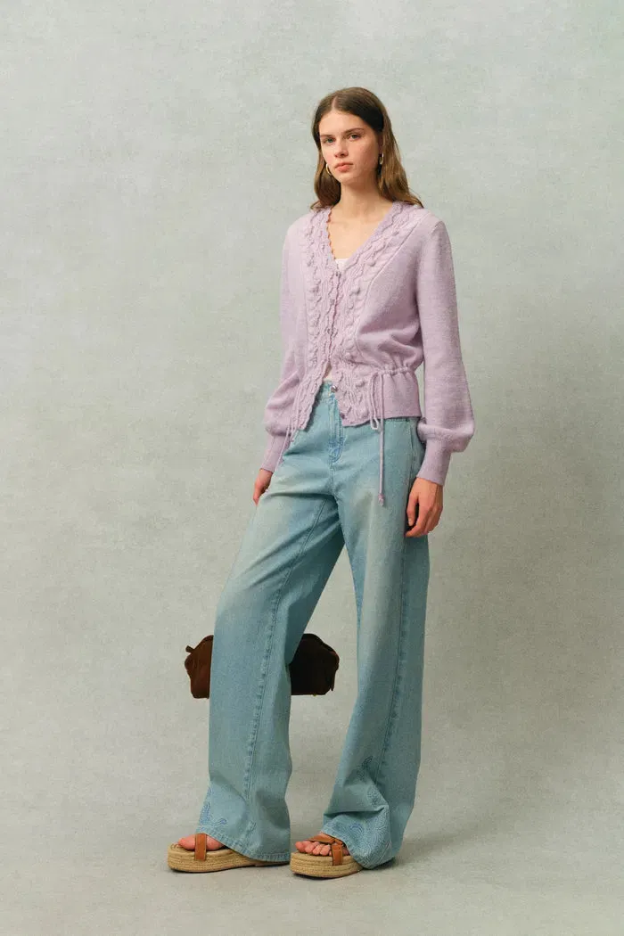 Taro V Neck 3D Crochet Waist Cinching Cardigan in Merino Wool Alpaca Blend Knit sold by Fabrique product image thumbnail 3