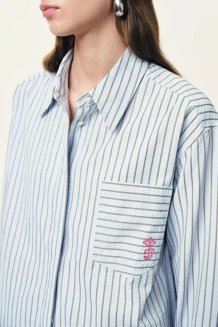 Lismore Contrast Embroidery Striped Shirt in Textured Crinkle Cotton sold by Fabrique product image thumbnail 5