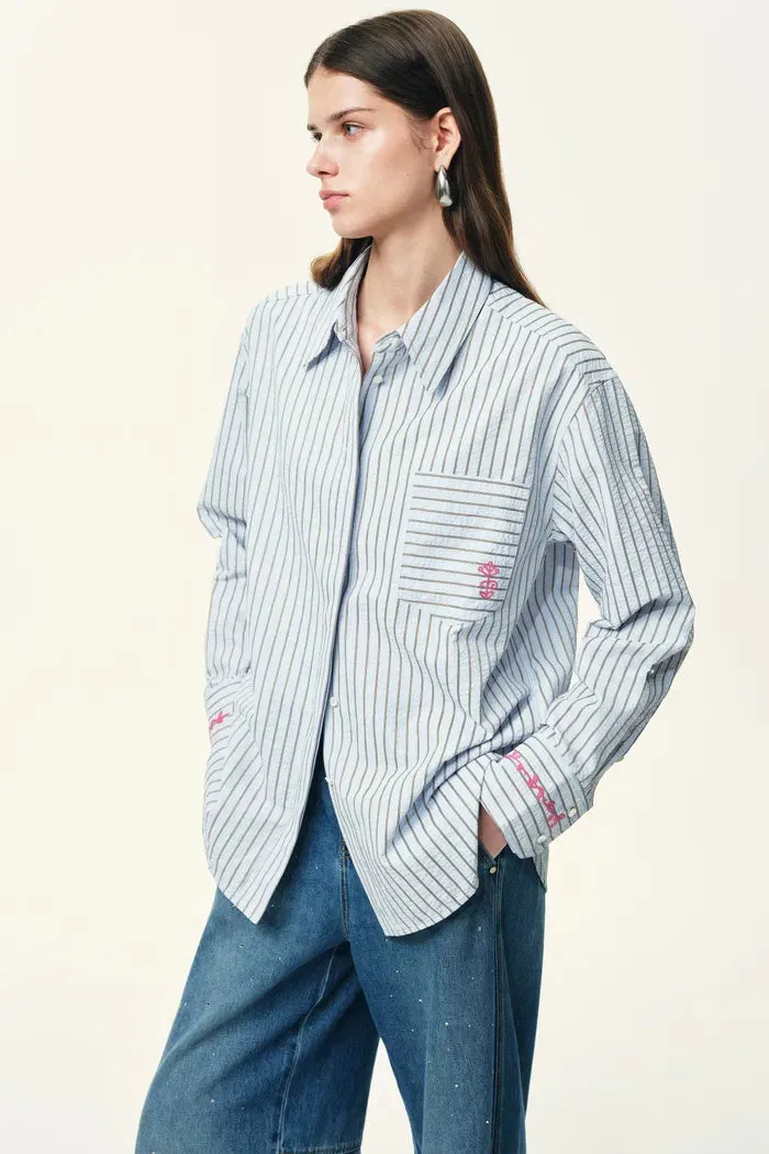 Lismore Contrast Embroidery Striped Shirt in Textured Crinkle Cotton sold by Fabrique product image thumbnail 3