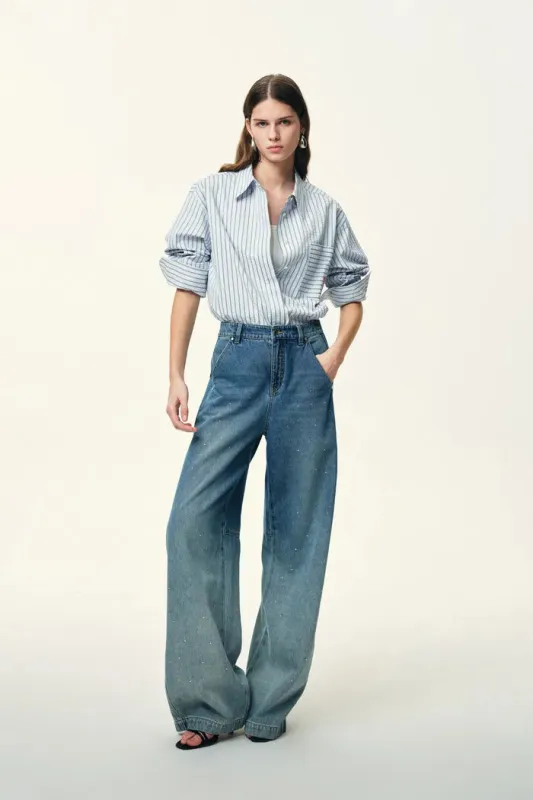 Lismore Contrast Embroidery Striped Shirt in Textured Crinkle Cotton sold by Fabrique