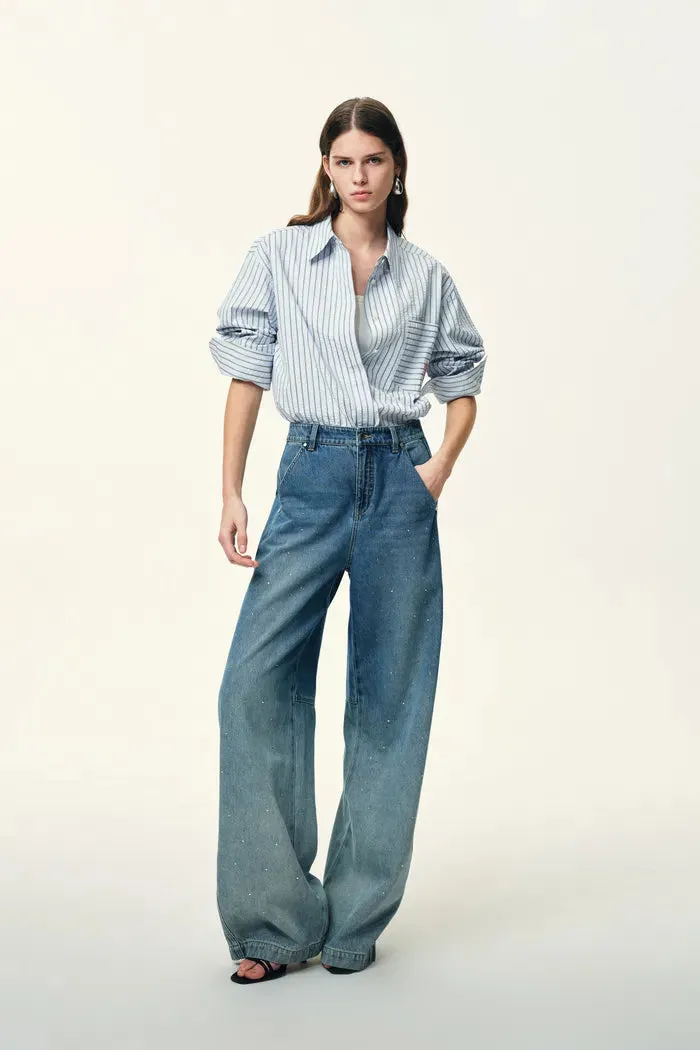 Lismore Contrast Embroidery Striped Shirt in Textured Crinkle Cotton sold by Fabrique