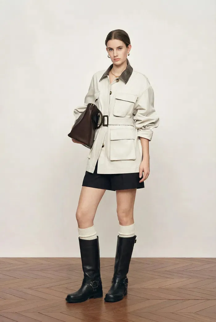 Atticus Belted Leather-Collar Jacket In Fine Cotton Twill sold by Fabrique
