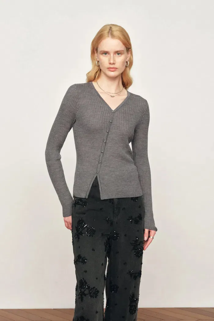 Mia Off-Center V-Neck Fitted Knit Cardigan In Lightweight Merino Wool Blend sold by Fabrique product image thumbnail 3