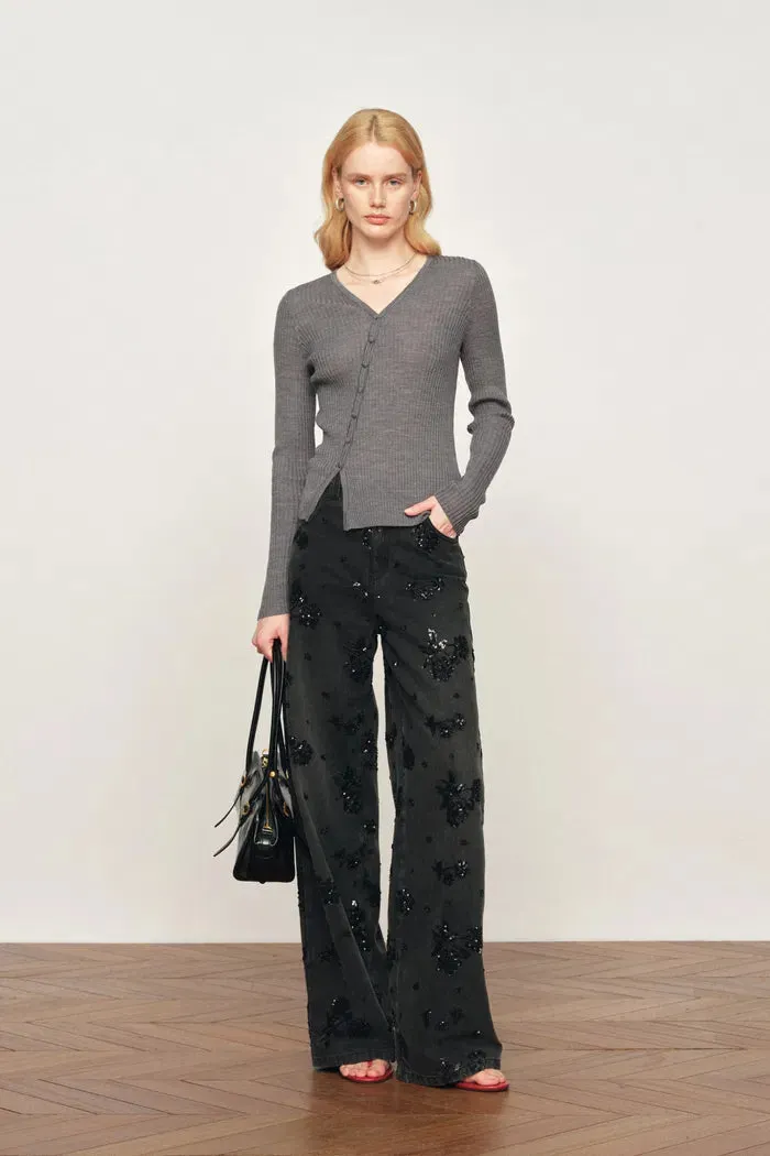 Mia Off-Center V-Neck Fitted Knit Cardigan In Lightweight Merino Wool Blend sold by Fabrique