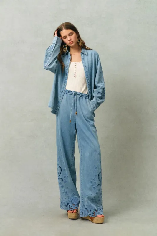 Vinetta Curved Button Placket Floral Embroidered Shirt and Jeans Matching Set in Cotton Linen Denim sold by Fabrique