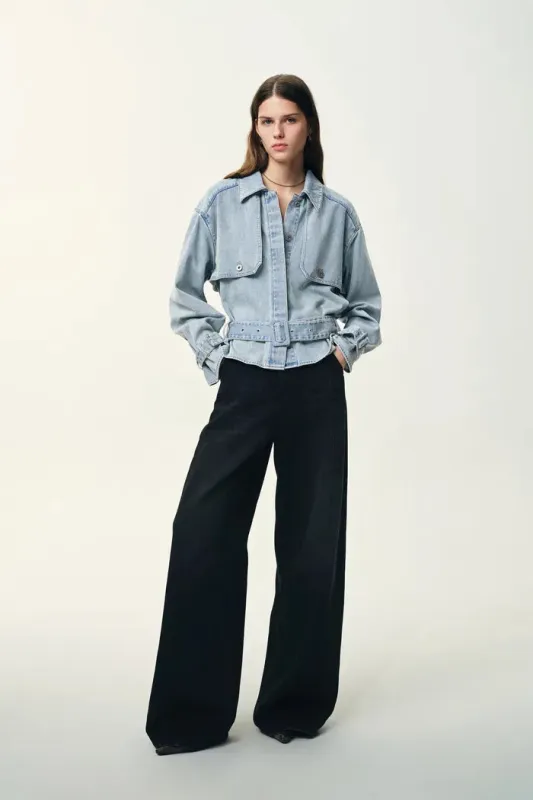 Halle Washed Short Trench Inspired Jacket in Light Blue Denim sold by Fabrique