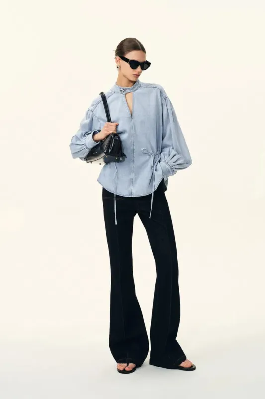 Aurore Button Collar Drawstring Lantern Sleeve Blouse in Cotton-Linen Denim made by Fabrique