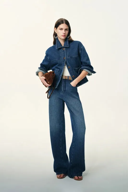 Colette Striped Washed Blue Patch Pocket Jacket in Herringbone Denim sold by Fabrique