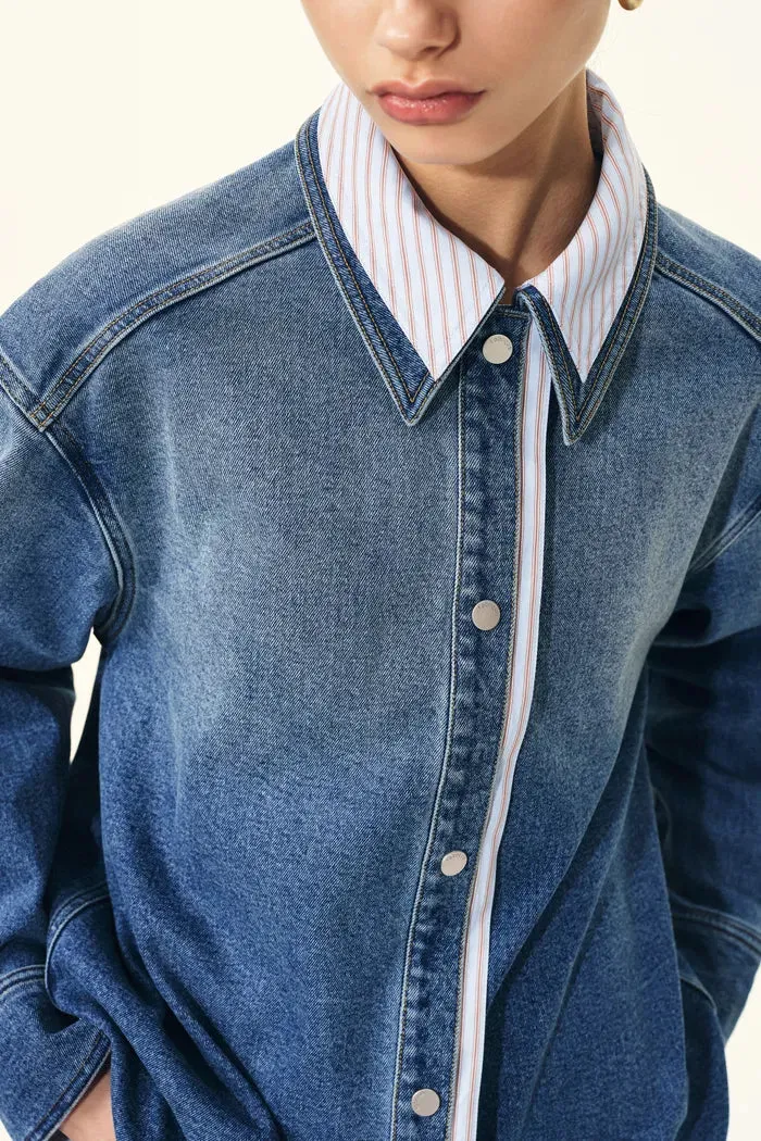 Harlow Striped Contrast Patchwork Shirt in Cotton Denim sold by Fabrique product image thumbnail 5