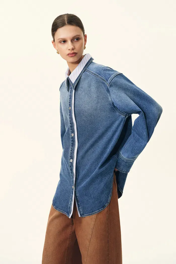 Harlow Striped Contrast Patchwork Shirt in Cotton Denim sold by Fabrique product image thumbnail 2
