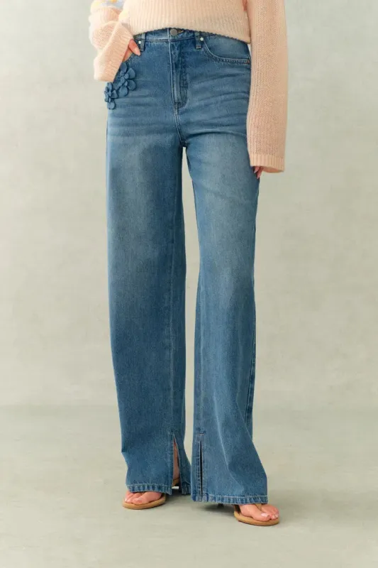 Margaux 3D Floral Slit Jeans in Cotton Denim sold by Fabrique