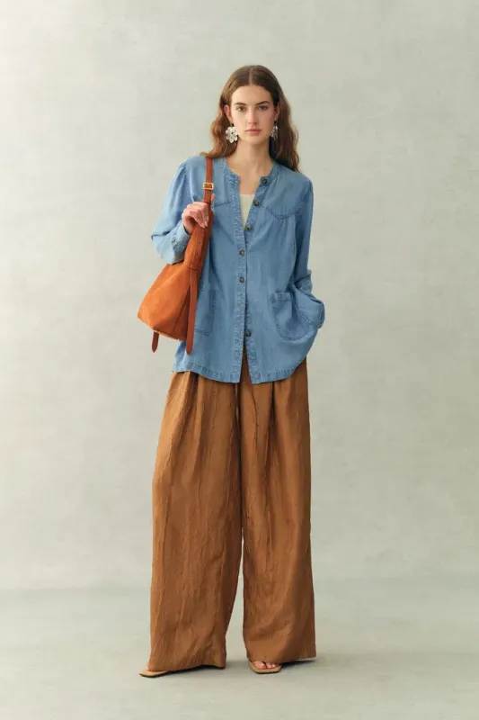 Simone Smocked Tencel Denim Shirt in Tencel Denim sold by Fabrique