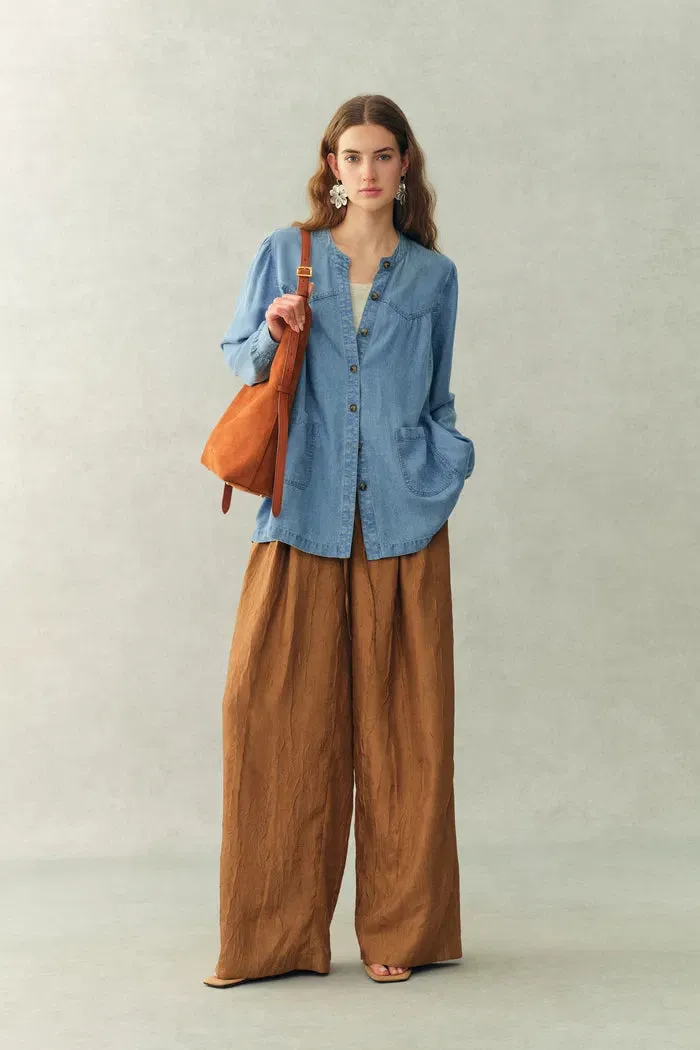 Simone Smocked Tencel Denim Shirt in Tencel Denim sold by Fabrique