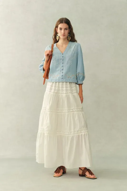 Marmont Pin Tuck Embroidery Blouse in Tencel Denim sold by Fabrique