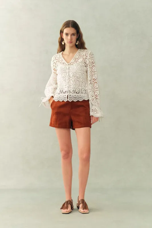 Amara Openwork V neck Cardigan in Cotton Yarn sold by Fabrique