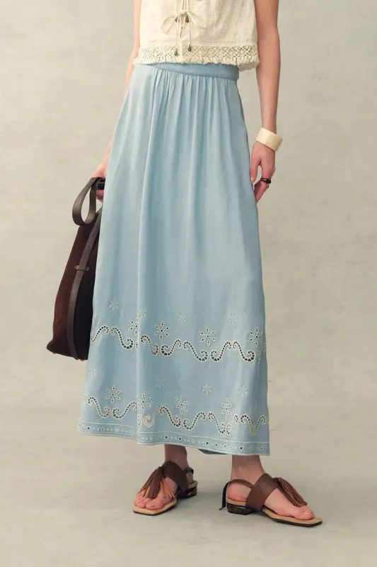 Shirley Eyelet Embroidered Washed Light-Blue Denim Skirt in Tencel Denim sold by Fabrique