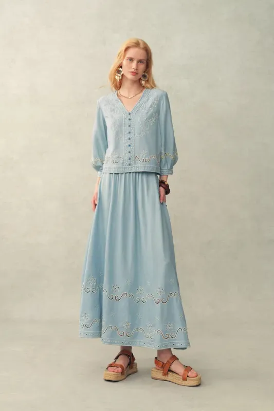 Marmont Pin Tuck Embroidery Blouse and Skirt Matching Set in Tencel Denim made by Fabrique