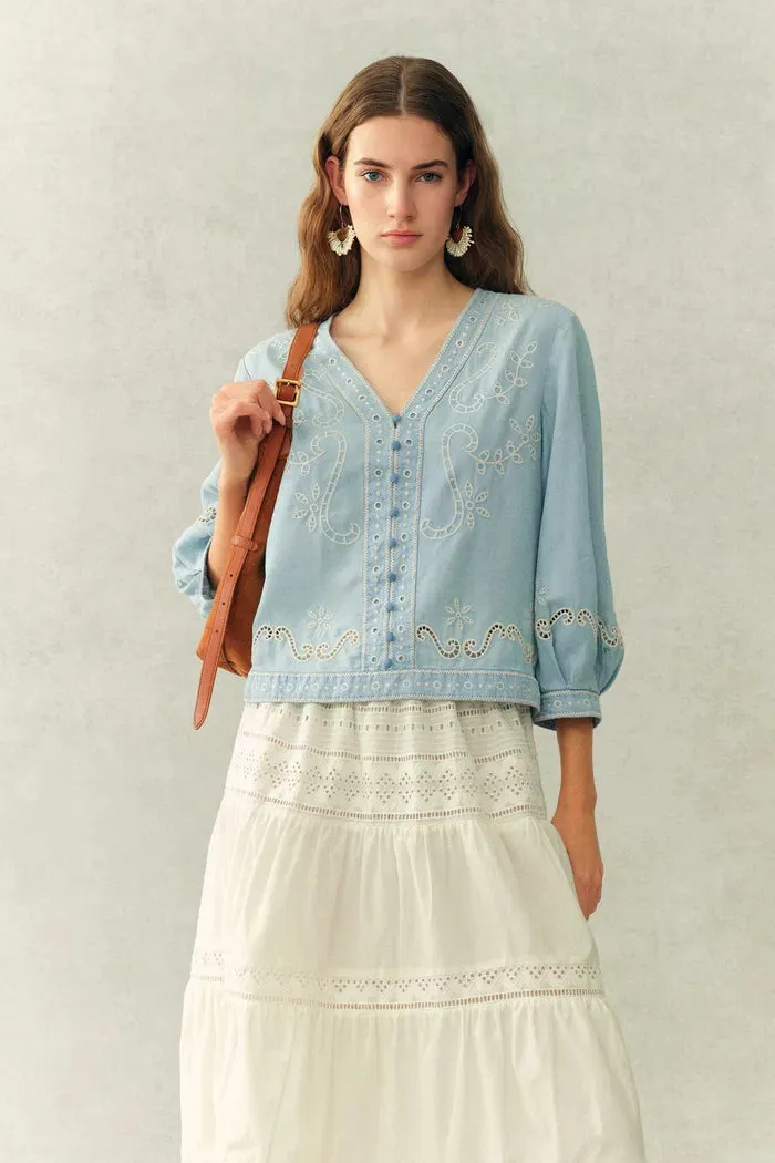 Marmont Pin Tuck Embroidery Blouse and Skirt Matching Set in Tencel Denim sold by Fabrique product image thumbnail 2