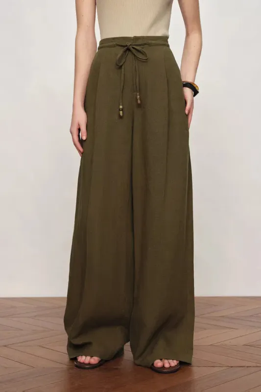 Perla Beaded Drawstring Wide Leg Pants in Hemp sold by Fabrique