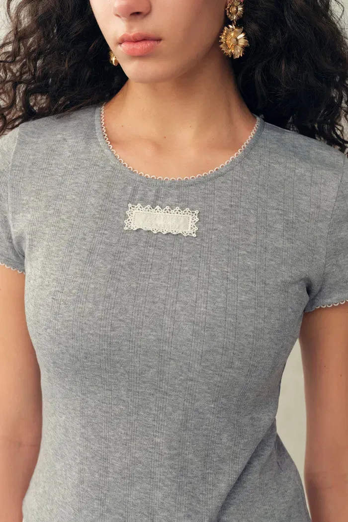 Eva Scalloped Lace Trim Fitted Sleeve T-shirt in Hollow Knitting sold by Fabrique product image thumbnail 4