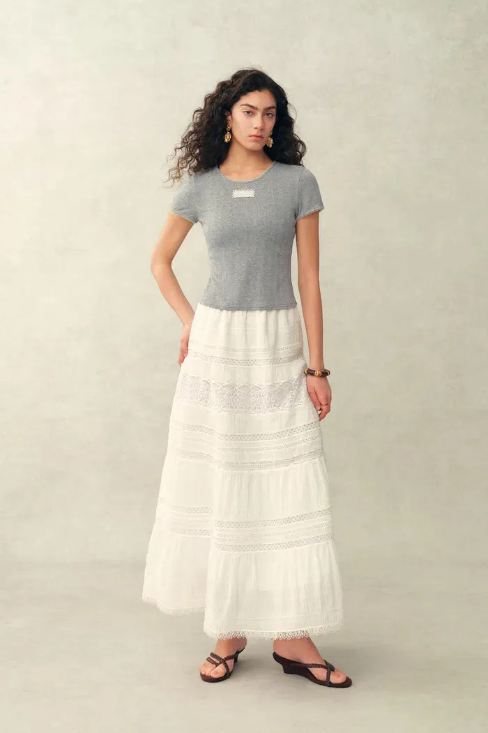 Eva Scalloped Lace Trim Fitted Sleeve T-shirt in Hollow Knitting sold by Fabrique