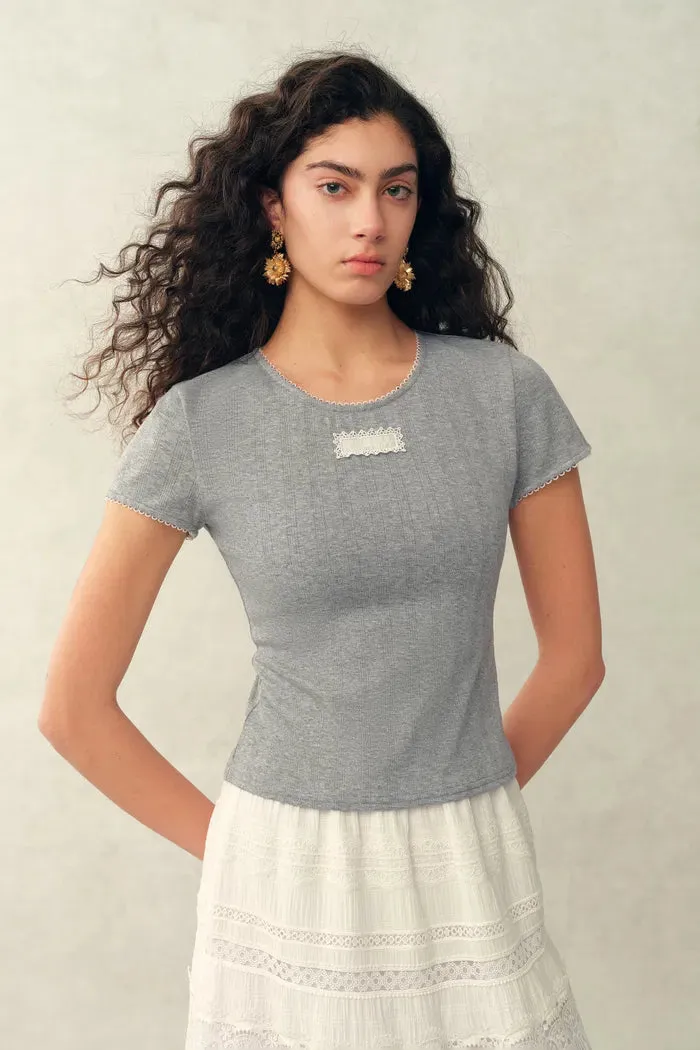 Eva Scalloped Lace Trim Fitted Sleeve T-shirt in Hollow Knitting sold by Fabrique product image thumbnail 2