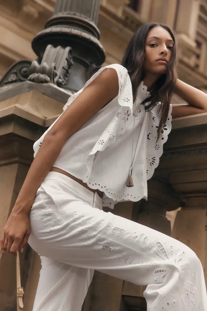 Lilou French Cutwork Embroidery Ruffle-Sleeve Top and Pants Matching Set in Cotton & Linen sold by Fabrique product image thumbnail 4