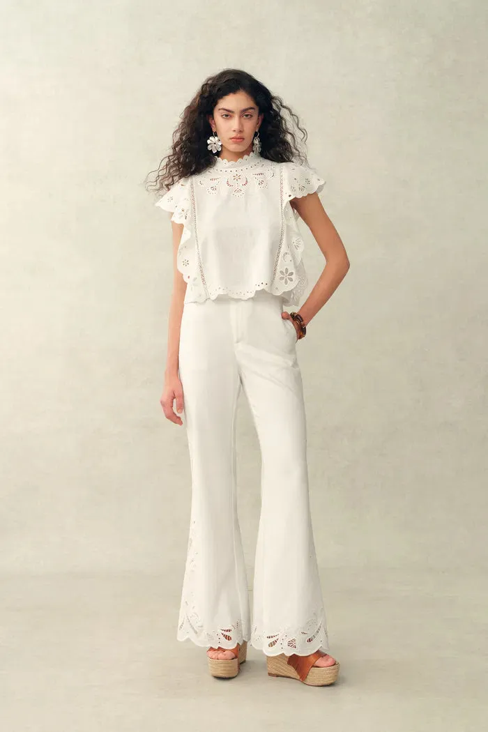 Lilou French Cutwork Embroidery Ruffle-Sleeve Top and Pants Matching Set in Cotton & Linen sold by Fabrique