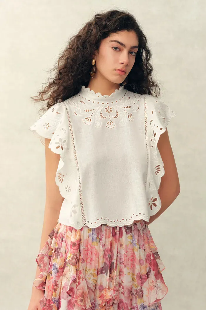 Lilou French Cutwork Embroidery Ruffle-Sleeve Top and Pants Matching Set in Cotton & Linen sold by Fabrique product image thumbnail 5