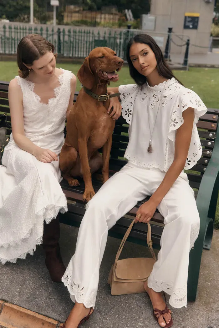 Lilou French Cutwork Embroidery Ruffle-Sleeve Top and Pants Matching Set in Cotton & Linen sold by Fabrique product image thumbnail 2