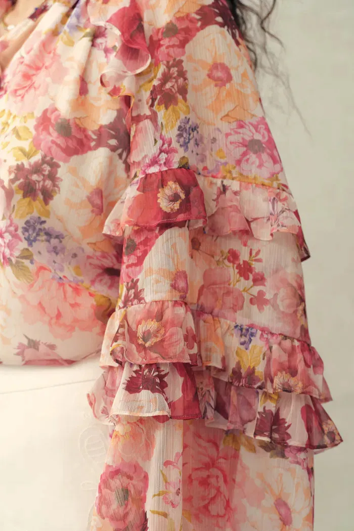 Marie Hand-Painted Print V-Neck Ruffle Top in Sheer Chiffon sold by Fabrique product image thumbnail 5