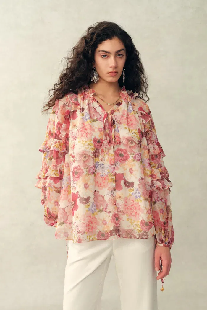 Marie Hand-Painted Print V-Neck Ruffle Top in Sheer Chiffon sold by Fabrique product image thumbnail 2