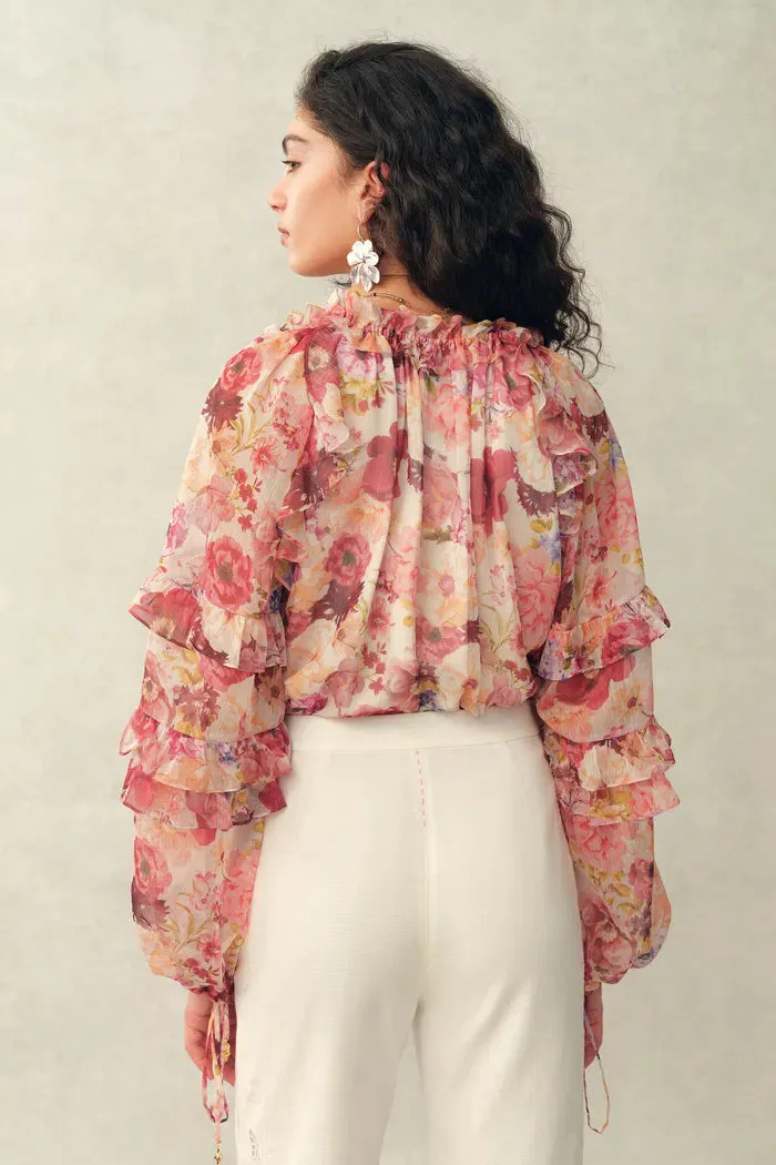 Marie Hand-Painted Print V-Neck Ruffle Top in Sheer Chiffon sold by Fabrique product image thumbnail 3