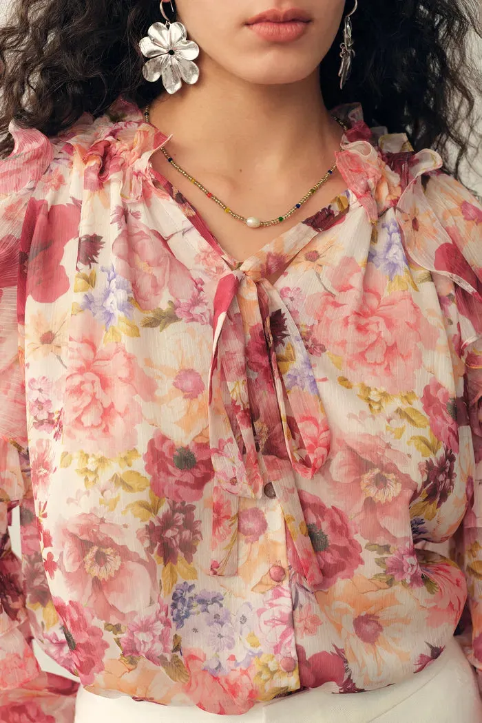 Marie Hand-Painted Print V-Neck Ruffle Top in Sheer Chiffon sold by Fabrique product image thumbnail 4