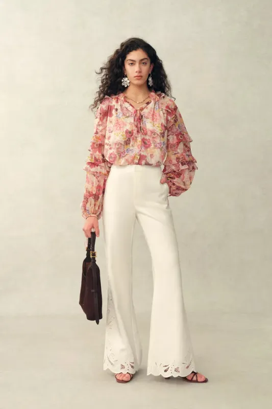 Marie Hand-Painted Print V-Neck Ruffle Top in Sheer Chiffon made by Fabrique