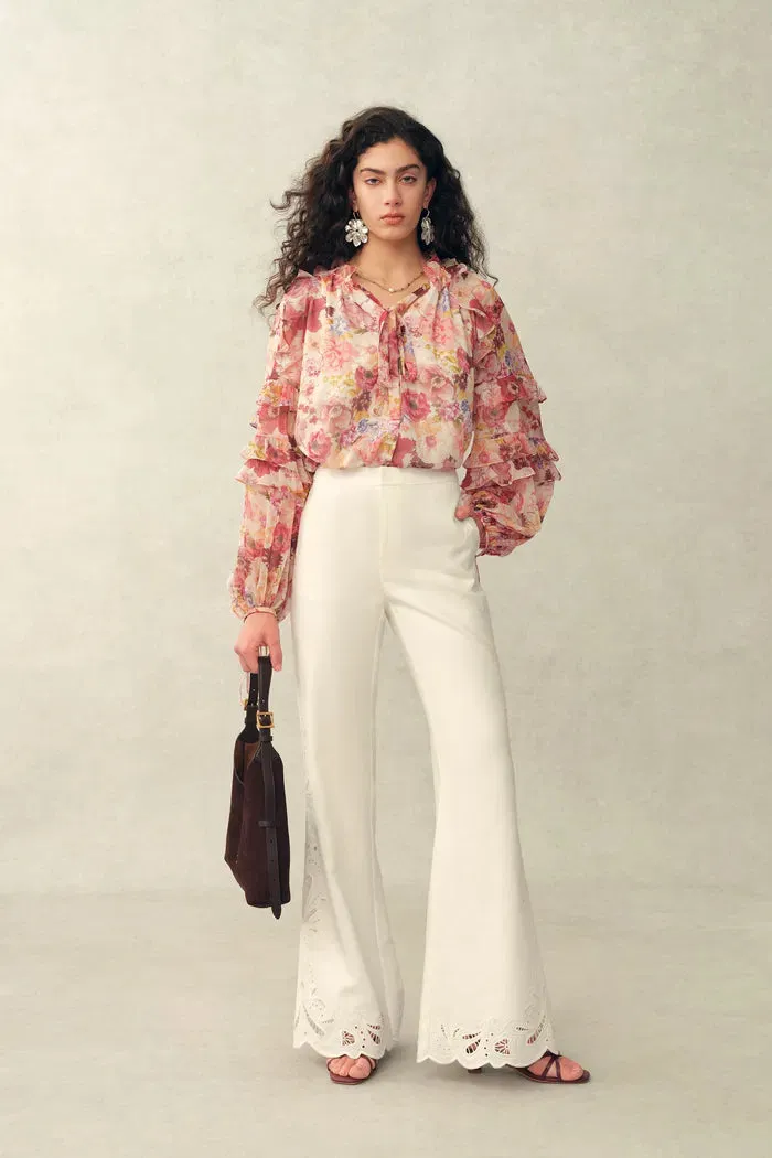 Marie Hand-Painted Print V-Neck Ruffle Top in Sheer Chiffon sold by Fabrique