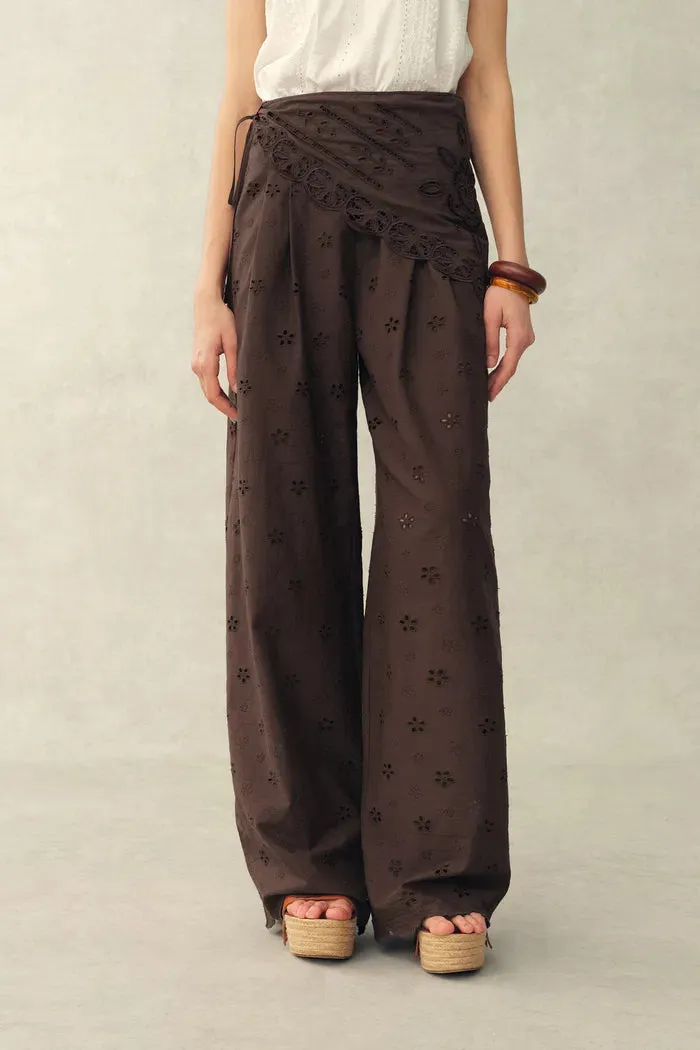 Nina Embroidered Scraf Wrap Pants in Cotton sold by Fabrique