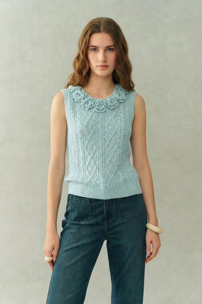 Freya Hand Crocheted Flowers Sleeveless Vest Top in Cotton Cable Knit sold by Fabrique product image thumbnail 2