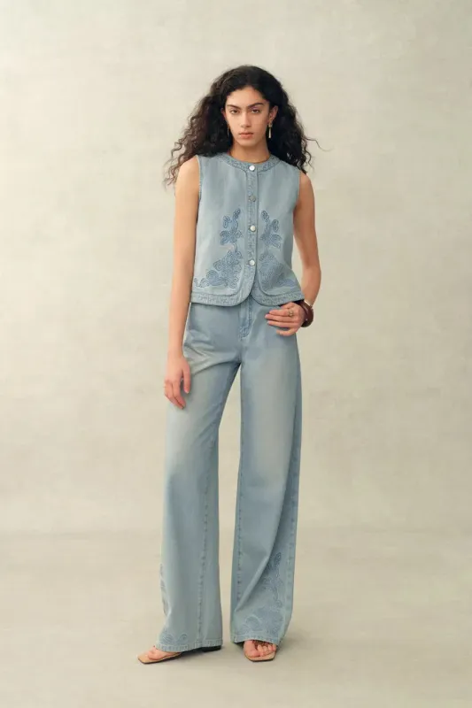 Perla Embossed Flowers Sleeveless Round Neck Top in Cotton Denim sold by Fabrique