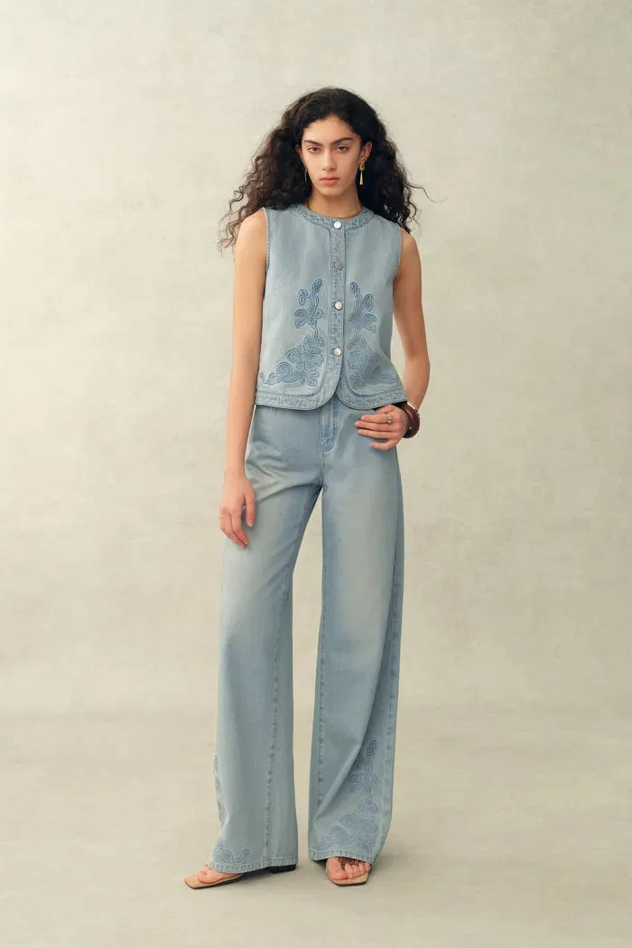 Perla Embossed Flowers Sleeveless Round Neck Top in Cotton Denim sold by Fabrique