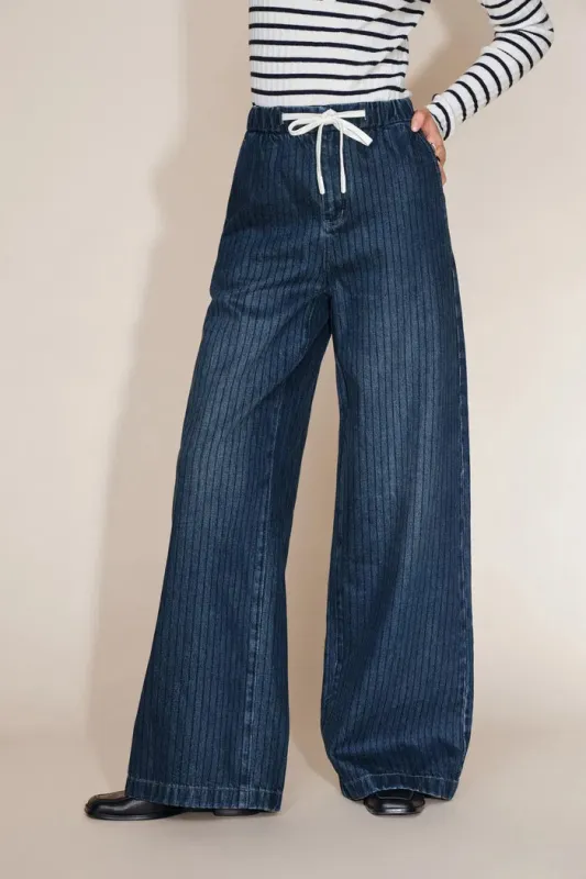 Olive Striped Drawstring Straight Leg Jeans in Striped Denim made by Fabrique