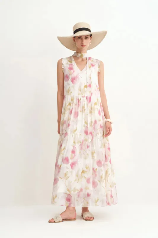 Lina Scarf Neck Flora Printed Dress in Silk-Linen Blend sold by Fabrique