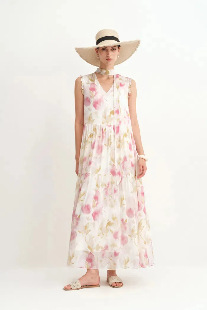 Lina Scarf Neck Flora Printed Dress in Silk-Linen Blend sold by Fabrique