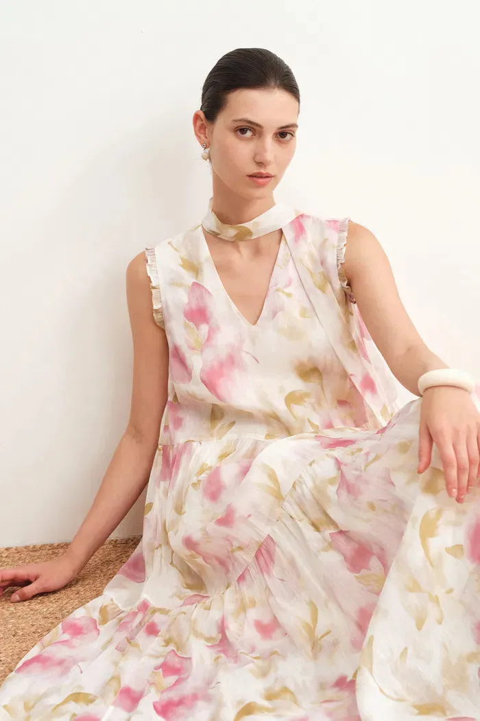 Lina Scarf Neck Flora Printed Dress in Silk-Linen Blend sold by Fabrique product image thumbnail 3