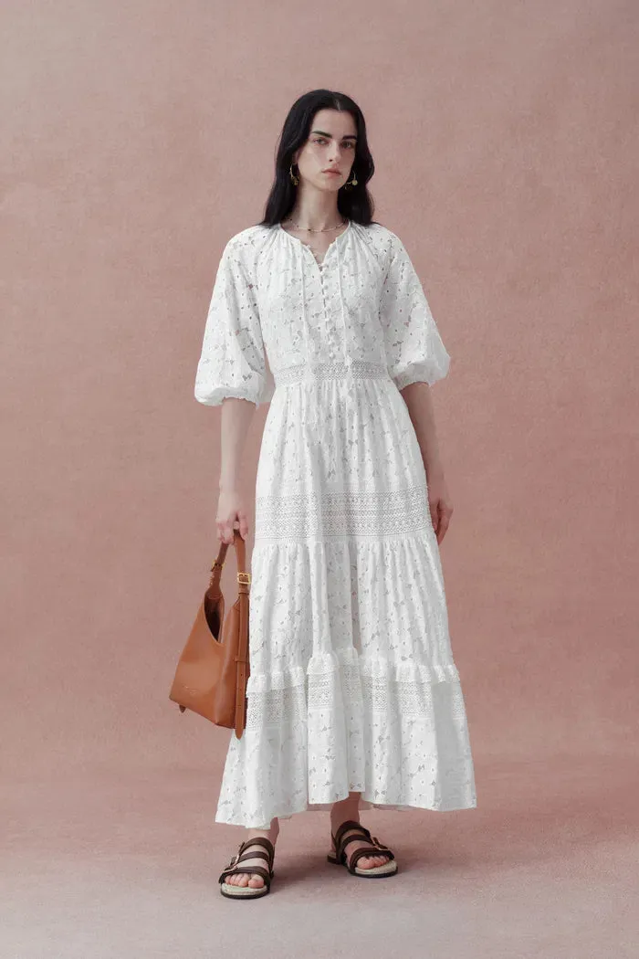 Nora Puff Sleeve Tiered Dress in Embroidered Cotton sold by Fabrique