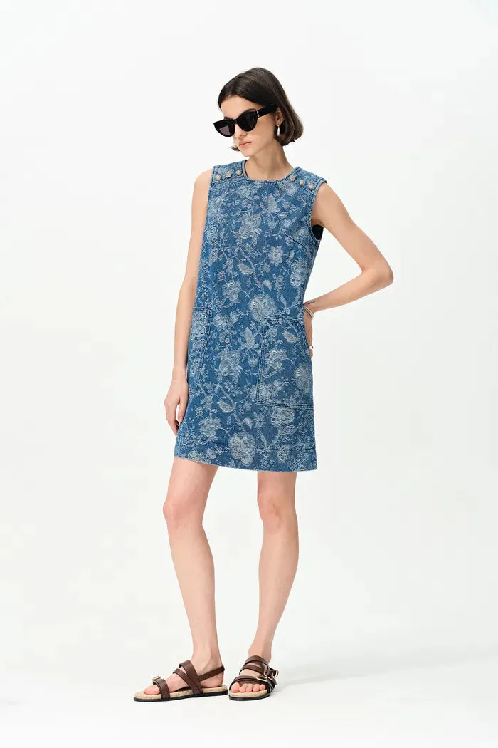 Iris Flora Laserwork Round Neck Short Dress in Cotton Denim sold by Fabrique product image thumbnail 4