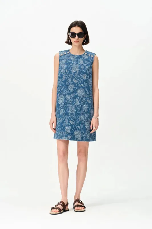 Iris Flora Laserwork Round Neck Short Dress in Cotton Denim made by Fabrique